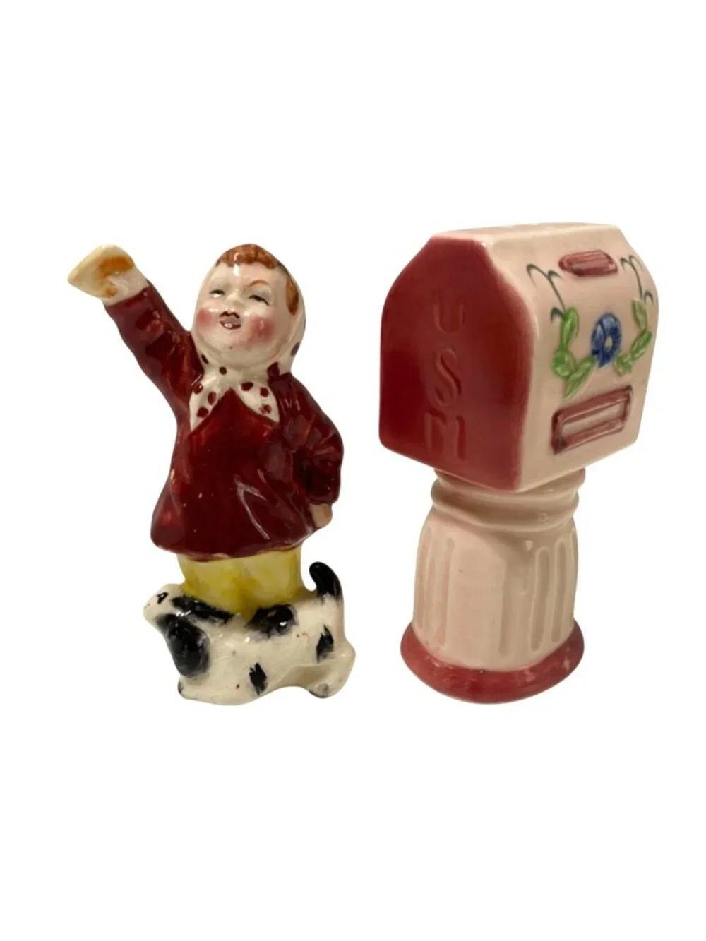 Vtg Girl & Puppy US Mailbox Salt & Pepper Shaker Set Japan